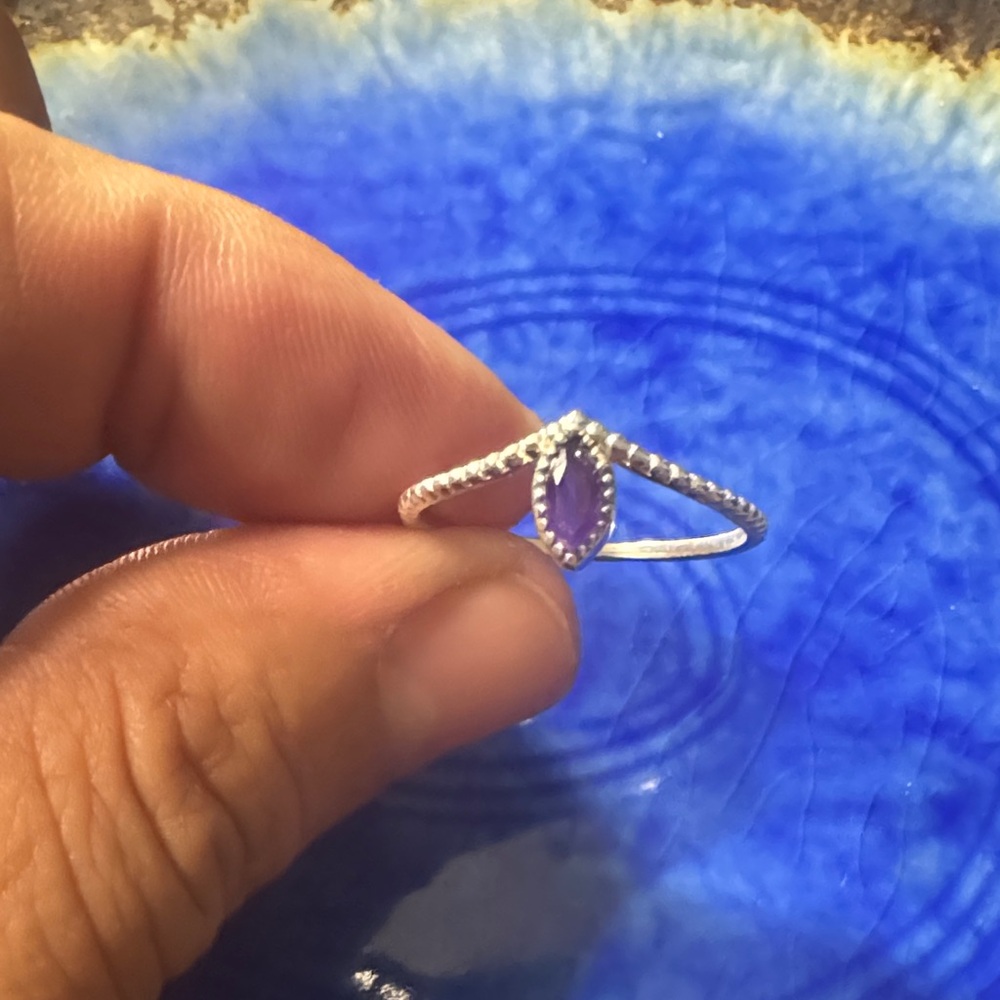 Silver pear-shaped amethyst Dainty  beaded detail band.